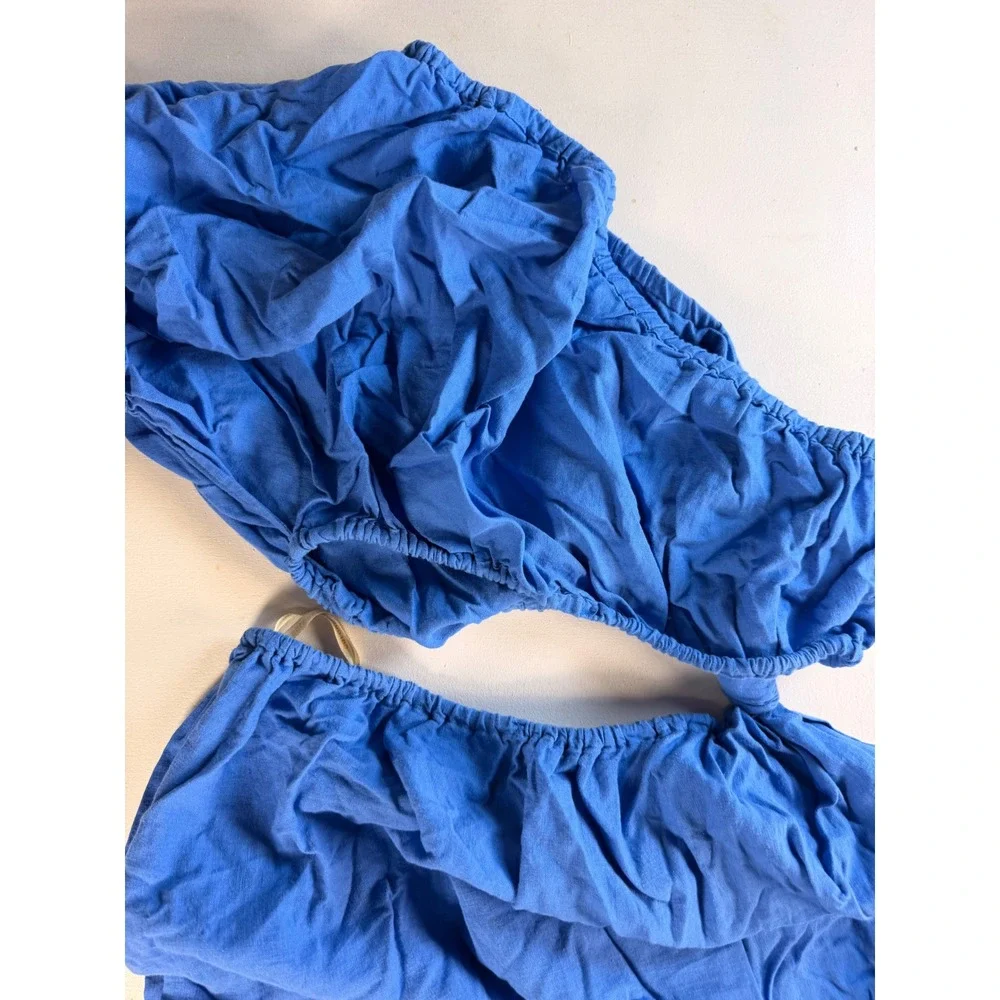 Farm Rio 2-Piece Skirt Set Women XS Blue Excellent Linen Blend Midi Side Slit
